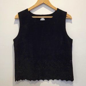 Lakeland Black Suede Leather Sleeveless Top, Lasercut Details, Size US 8, EUC